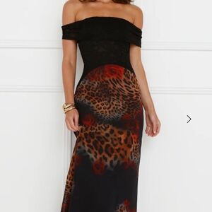 Amoret Midi Dress Black Floral & Leopard Print Maxi Dress, RUNAWAY, XS, New